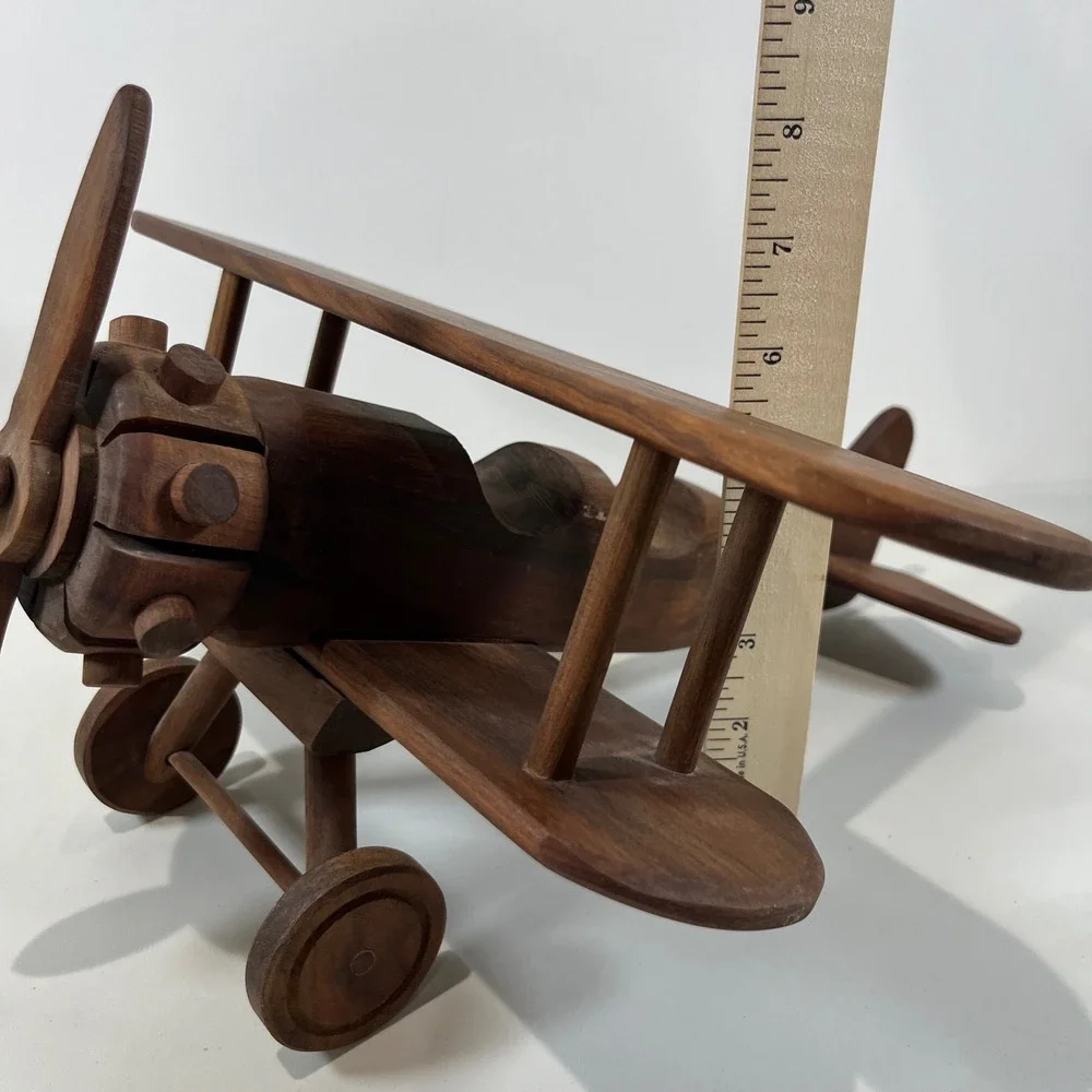Vtg Wood Biplane Model Airplane Handcrafted Wood Decor Aviator MCM Collectible